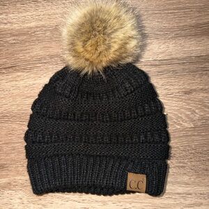 C.C Women’s Black Knit Hat with Tan Pom-Pom
